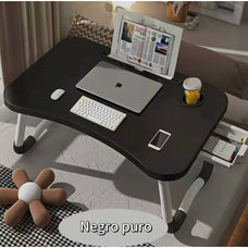 Mesa plegable multifunción con ranura y soporte para bebidas / cajón - Opciones de color: roble claro, blanco, negro texturizado, negro mate + Patas antideslizantes