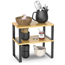 Estante de Especias Extensible, Juego de 2, Estante de Almacenamiento de Cocina, Metal y Madera de Ingeniera