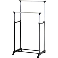 Perchero de Doble Barra, Altura ajustable, de acero inoxidable y plstico con ruedas. Burro de dos barras con un estante con ruedas 80 x 43 x 90-160 cm.