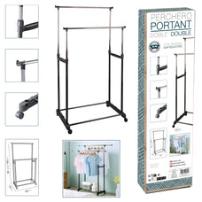 Perchero de Doble Barra, Altura ajustable, de acero inoxidable y plstico con ruedas. Burro de dos barras con un estante con ruedas 80 x 43 x 90-160 cm.